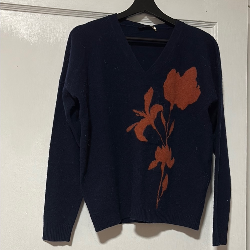 Max & Co. V-Neck Blue and Orange Sweater with Floral Design